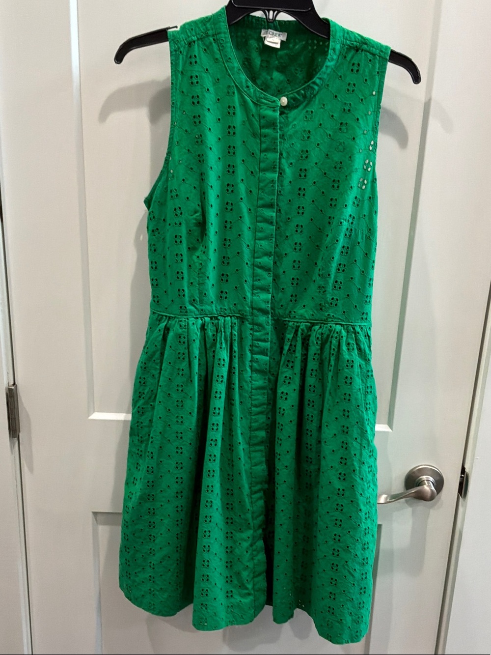 J. Crew Medium Green Eyelet Sleeveless Midi Dress Lined Hidden Buttons Cotton
